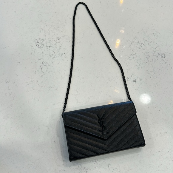 YSL monogram black on black large wallet on chain grained leather - Picture 1 of 16